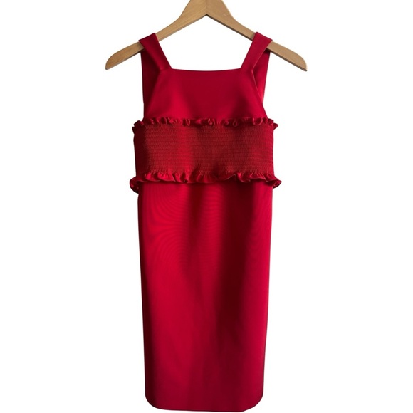 TIBI Smocked Bandeau Overlay Faille Mini Dress in Elia Red | Sleeveless XS 0-2 - Picture 1 of 7